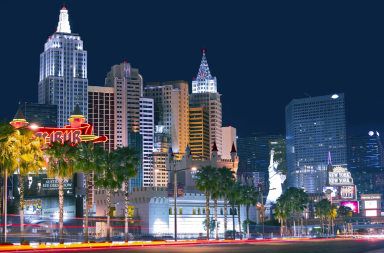Las Vegas strip with hotels and landmarks at night